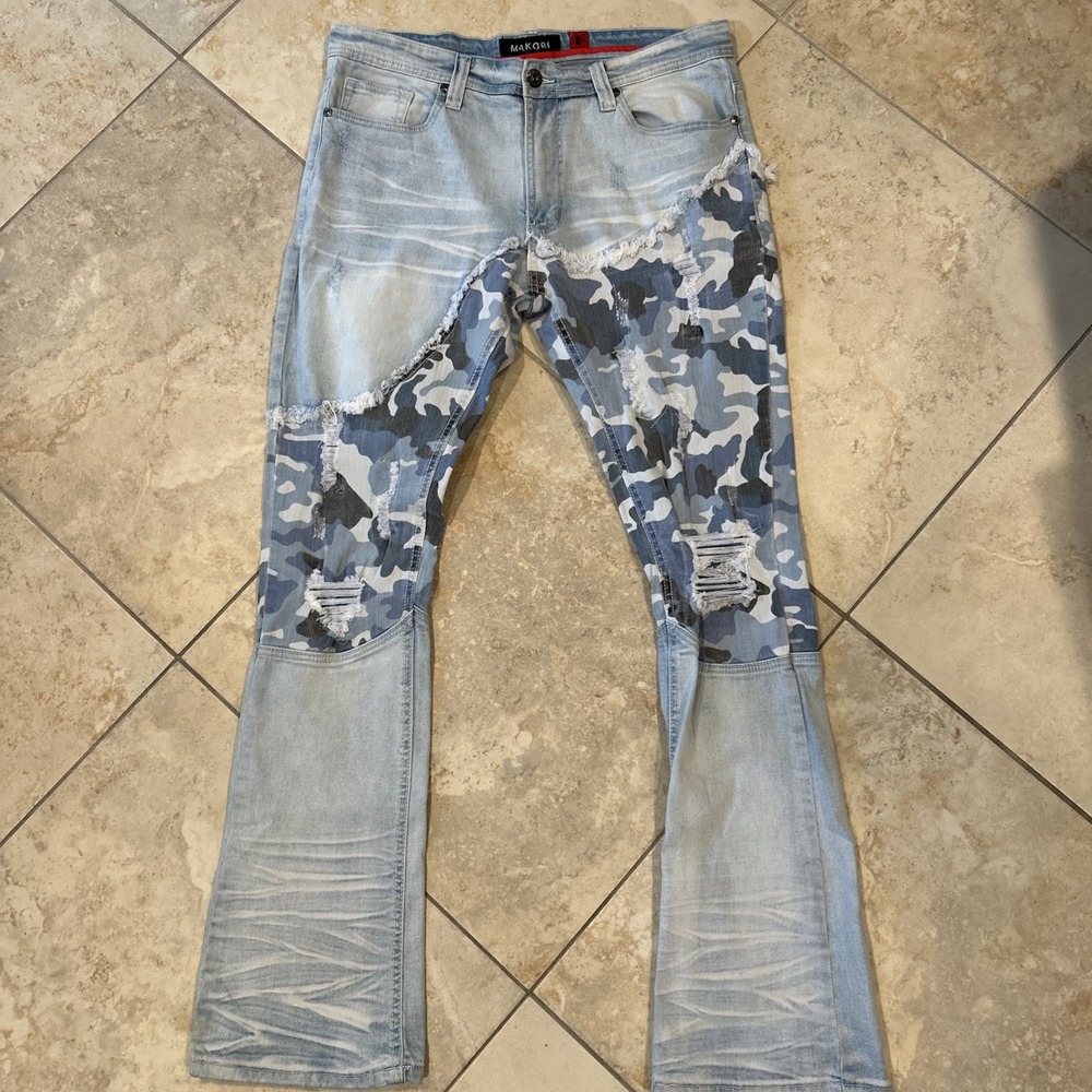 Makobi Jeans Mens 36x35 Blue Denim Camo Patchwork Distressed Moto Streetwear